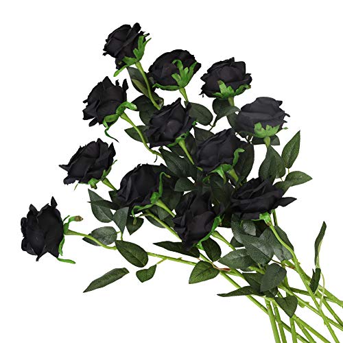 Kisflower 12 Unids Rosas Flores Artificiales Realista Flores de Tallo Único Ramo de Seda Rosa para Fiesta de Boda Oficina Decoración para el hogar (Negro)