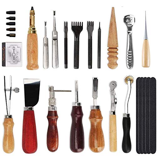 Kit de herramientas de artesanía de cuero Dechengbao 18 piezas, herramienta de bricolaje de artesanía de cuero para coser a mano, estampar y hacer sillines