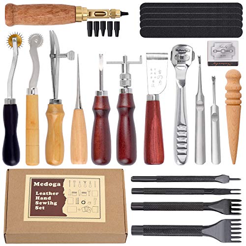 Kit de herramientas de perforación de piel, 18 piezas de costuras para tallar, costura, sillín de costura, cuero para manualidades, herramientas de bricolaje 18