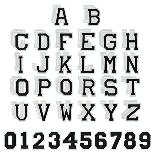 KLYNGTSK 62 PCS Parches de Planchar de Letras y Números Bordados Letras Termoadhesivas Decorativa DIY Parches Alfabeto de Tela para Zapatos Sombrero Ropa Bolsa (Negro y Blanco)