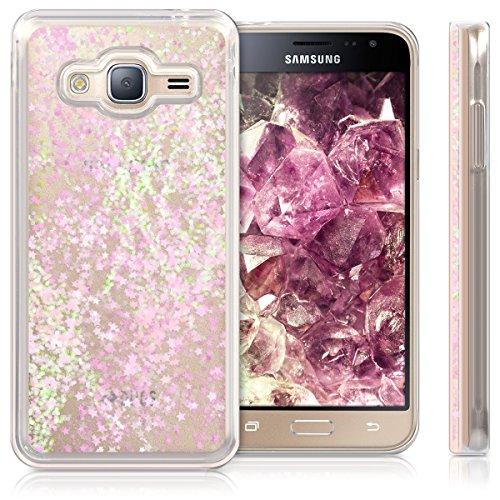 kwmobile Funda Compatible con Samsung Galaxy J3 (2016) DUOS - Carcasa de TPU para móvil - Cover Trasero Purpurina y Estrellas Rosa Claro/Transparente