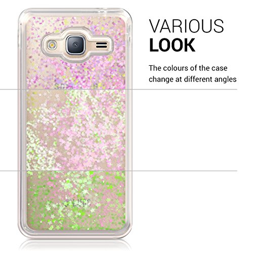 kwmobile Funda Compatible con Samsung Galaxy J3 (2016) DUOS - Carcasa de TPU para móvil - Cover Trasero Purpurina y Estrellas Rosa Claro/Transparente