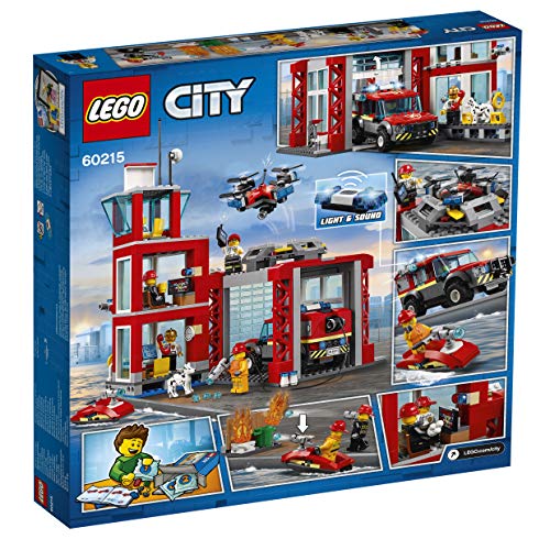 LEGO City Fire - Parque de Bomberos, estación de juguete para construir, incluye camión, moto acuática y dron (60215)