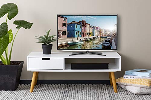 LIFA LIVING Mueble TV Blanco, Mesa televisión de diseño Vintage Industrial, Soporte para Tele con estantes y Patas de Madera, 40 x 100 x 40 cm