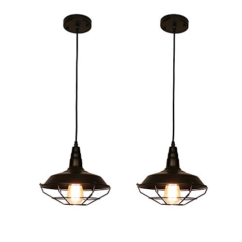 LynPon 2 Pack Lámpara Colgante Vintage, Lámpara de Techo Industrial, Altura Ajustable con Jaula Fixture Negra para Cocina, Comedor, Café, Bar, Restaurante