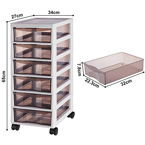 Macallen Cajonera Plastico Organizador con Ruedas, 6 Cajones Desmontable Carro de Almacenamiento para Oficina/Estudio/Dormitorio, Cajón de Organización Multifunción
