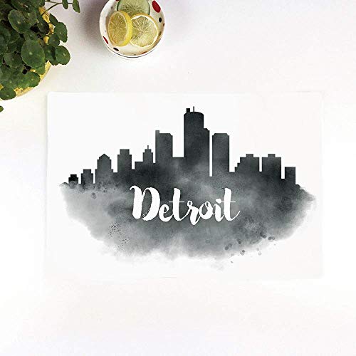 Manteles Individuales, Detroit Decor, Smoky City Skyline con pinceladas, letras escritas ,Mantel Individual Antideslizante Lavable Resistente Al Calor para Hoteles Restaurante Catering (Paquete de 4)