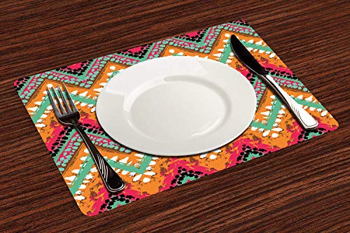 Manteles Individuales, Tribal, patrón de zigzag étnico de pintura a mano con pinceladas d,Mantel Individual Antideslizante Lavable Resistente Al Calor para Hoteles Restaurante Catering (Paquete de 4)