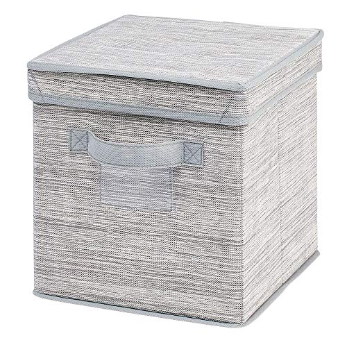 mDesign Caja organizadora con Tapa – Caja de Tela Cuadrada para Adornos navideños, Lazos, etc. – Organizador de Accesorios a Rayas para Dormitorio, sótano o trastero – Gris Claro/marrón Claro