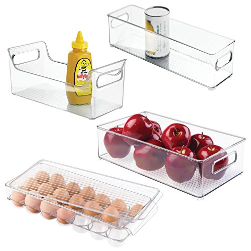 mDesign Juego de 4 Piezas para Cocina, con 2 envases de plástico para Alimentos, especiero y huevera con Tapa – Cajas organizadoras para Nevera – Cajas de plástico para refrigerador – Transparente