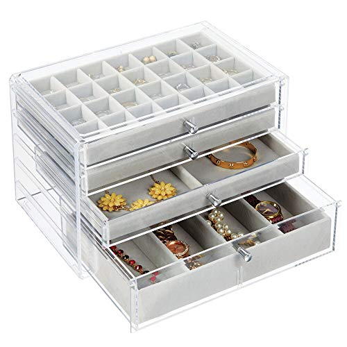 mDesign Mueble joyero con 4 cajones – Organizador de Joyas con Piezas extraíbles para Anillos, Relojes, Cadenas y más – Cajas para joyería con Varios Compartimentos en plástico – Transparente y Gris