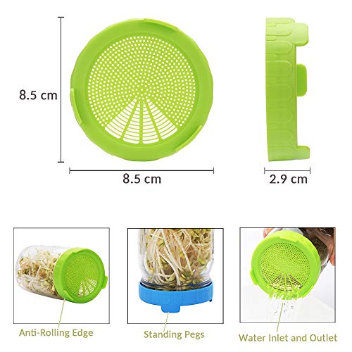 Merysen Juego de 6 Tapa de Brotes, Tapas de Plastico Aptas para Frascos de Boca Ancha para Hacer Semillas de Germinado Orgánico