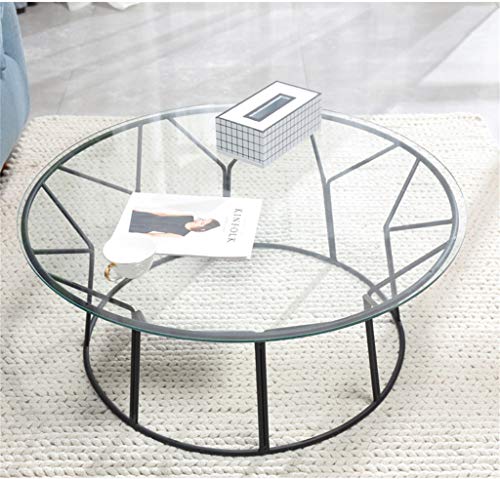 Mesa de Centro Redonda de Hierro Forjado, Estructura de Metal Ferroso, Superficie de Mesa de Vidrio Templado, Estable y sin agitación, se USA para sofá de la Sala, balcón, (tamaño: 60 × 60 × 45 cm)