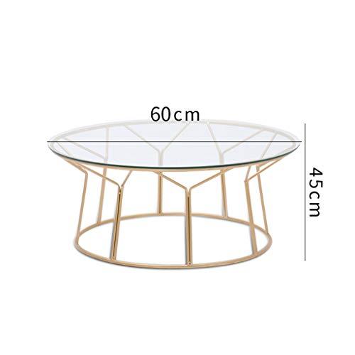 Mesa de Centro Redonda de Hierro Forjado, Estructura de Metal, Tapa de Mesa de Vidrio Templado, Estable y sin agitación, se USA para sofá de la Sala, balcón, Dorado, (tamaño: 60 × 60 × 45 cm)