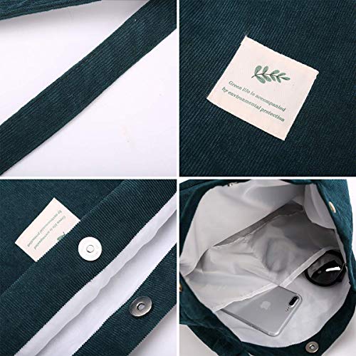 Milai Bolso de pana para damas chica gran Bolso de hombro de pana Bolso de mano lavable reutilizable bolso de bandolera casual para mamá maestra trabajo escolar playa compras comida viajes (Verde)