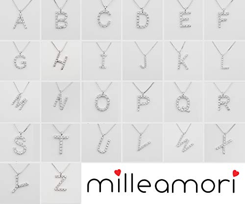 MILLE AMORI ∞ Collar Mujer Pendiente Oro y Diamantes - Oro Blanco 9 Kt 375 ∞ Diamantes 0.07 Kt - malla Veneciana 42 cm - Oreo (A)