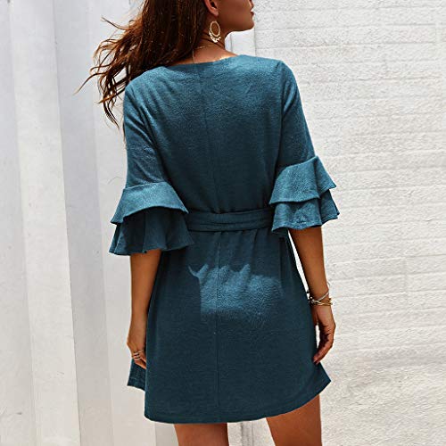 Mini vestido de mujer a la moda, vestido monocromo de manga 3/4, vestido corto hasta la rodilla, vestido de fiesta, blusa, camiseta larga, casual, cuello redondo, Slim A Linie EU-42/CN-XL azul