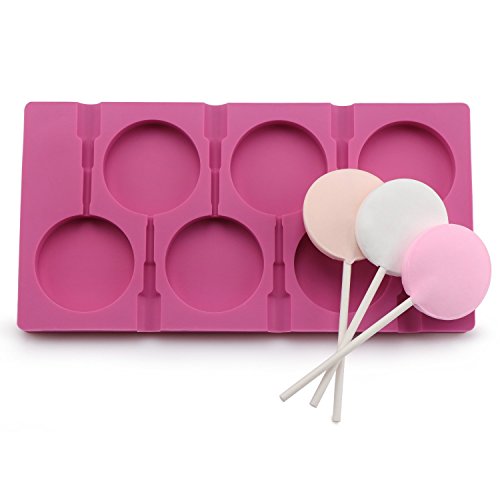 Molde de silicona para 6 piruletas grandes, caramelos, bombones, hielo, decoración de tartas, jabón, etc., incluye 50 palitos para piruletas rosa