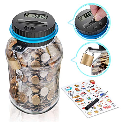 MOMMED Hucha, Contador de Dinero de Hucha, Caja de Ahorro de Monedas Euro Caja de Ahorro Eléctrico Contando Gran Capacidad para Pantalla LCD (1.8L)