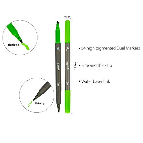 Mont Marte Rotuladores de Colores - 54 piezas con Doble Punta - Marcador ideal para Colorear, Escribir a Mano y Caligrafía en adultos - Perfecto para Principiantes, Adultos, Artistas