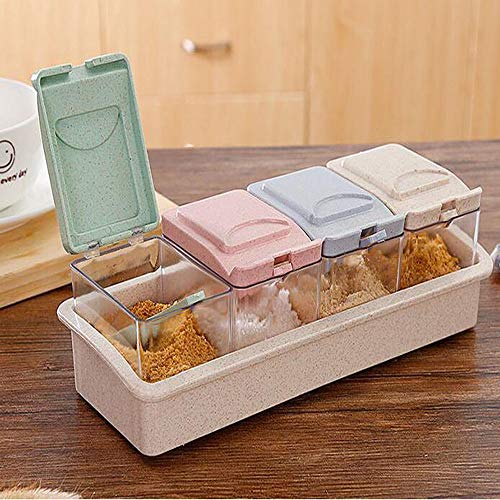 N/ 1 Juego de 4 tarros de Especias de Cocina de celosía tarros de Especias de Color Cuadrado para Enviar Cuatro cucharas pequeñas tarros de Especias de plástico de Cocina 25.5 * 10 * 8 cm