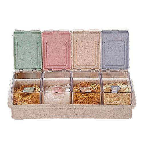N/ 1 Juego de 4 tarros de Especias de Cocina de celosía tarros de Especias de Color Cuadrado para Enviar Cuatro cucharas pequeñas tarros de Especias de plástico de Cocina 25.5 * 10 * 8 cm