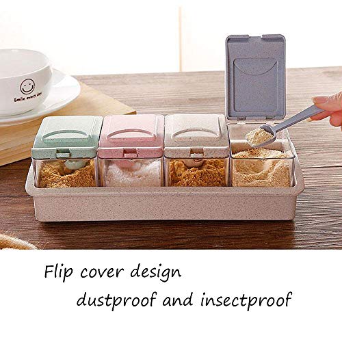 N/ 1 Juego de 4 tarros de Especias de Cocina de celosía tarros de Especias de Color Cuadrado para Enviar Cuatro cucharas pequeñas tarros de Especias de plástico de Cocina 25.5 * 10 * 8 cm