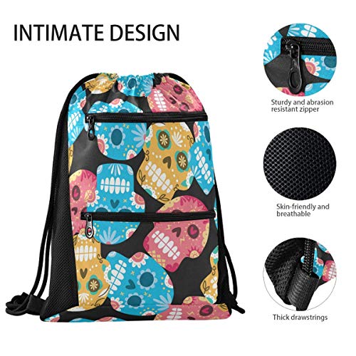 N / A Mochila Deportes Gimnasia Sack Pack - Calaveras de azúcar Zip Baile de la Escuela Mochila Bolsa Bolsa Sport Sports Pack Paquete Saco