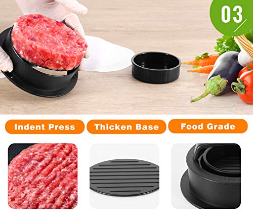 Nuovoware 3 en 1 Molde de Hamburguesa, Prensa de Hamburguesa con Papel de Hamburguesa 100PZS para BBQ, Herramienta de Barbacoa Parrilla, Prensa para Hamburguesa con Mango Antiadherente - Negro