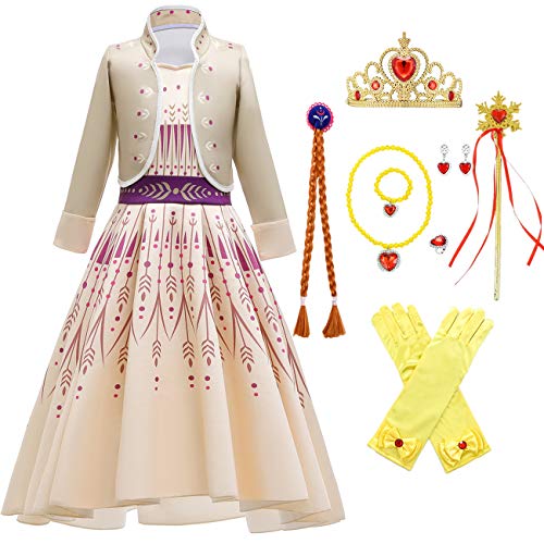 O.AMBW Elsa disfraz niña Anna Princess falda amarilla 2 piezas conjunto vestido de noche Halloween Navidad fiesta cumpleaños mascarada película cosplay disfraz copo de nieve palillo corona peluca 3-10