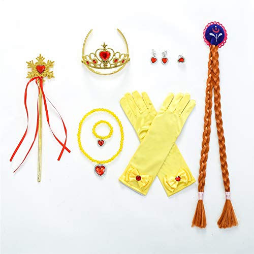 O.AMBW Elsa disfraz niña Anna Princess falda amarilla 2 piezas conjunto vestido de noche Halloween Navidad fiesta cumpleaños mascarada película cosplay disfraz copo de nieve palillo corona peluca 3-10