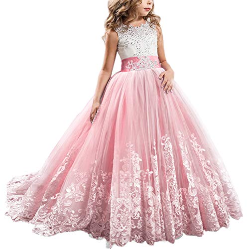 OBEEII Vestido de Niñas Boda Fiesta de Princesa Sin Mangas Encaje Rhinestone Elegantes Vestidos de Noche Comunión Ceremonia Gala Pageant Cóctel Prom 8-9 Años Melon Rojo