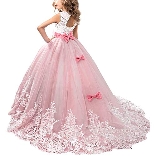OBEEII Vestido de Niñas Boda Fiesta de Princesa Sin Mangas Encaje Rhinestone Elegantes Vestidos de Noche Comunión Ceremonia Gala Pageant Cóctel Prom 8-9 Años Melon Rojo
