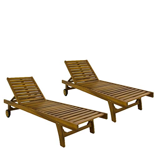 Pack 2 tumbonas para jardín con Ruedas, Reclinable, Madera Teca Grado A, Tamaño: 65x200x35 cm, Tratamiento al Agua aplicado