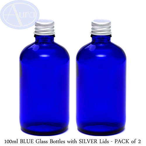 Pack de 2 botellas con tapones de rosca plateados - Cristal azul - 100 ml Uso para aceites esenciales/aromaterapia.