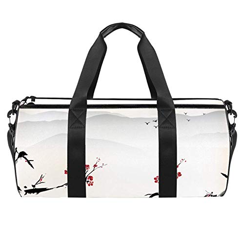 Paisaje de la naturaleza japonesa nacional Sakura flor sobre el Himalaya y las gaviotas voladoras bolsa de transporte de lona bolsa de viaje para gimnasio, deportes, danza, viajes de fin de semana