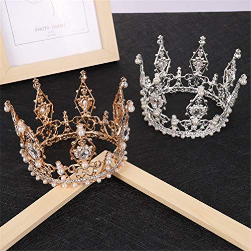 Panpan La Corona de Novia Headwear Full Circle Cristal de la Perla de la Princesa para el cumpleaños de Halloween Cena de cumpleaños Amante de la Navidad Novia,Oro