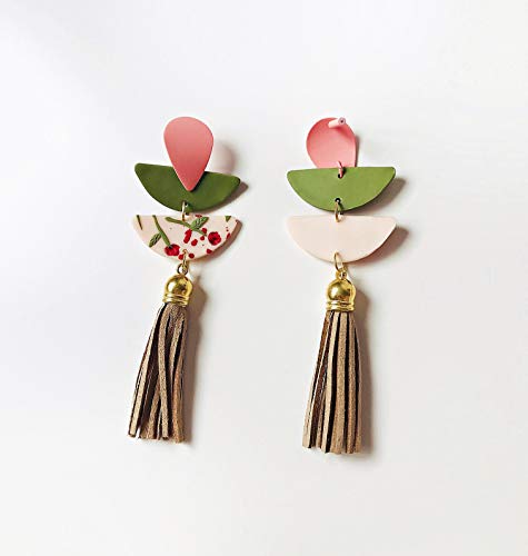 Pendientes Carlota Largo Colgante Floral para Mujer. Pendientes Vintage Clasicos Elegantes Original Artesanal Ariclla Polimerica verde Oliva con flecos Piel Sintética Ocre