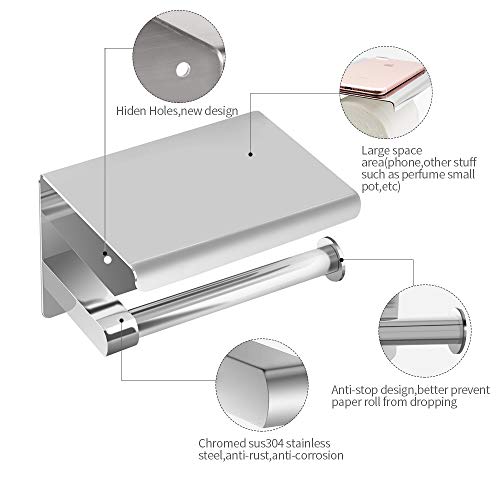 Portarrollos para Papel Higiénico, portarrollos baño adhesivo, Acero inoxidable SUS304, Porta Rollos de Papel Higienico con el Teléfono Móvil Estante de Almacenamiento (Plata)