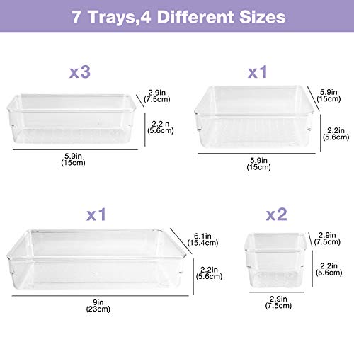 Puricon 7 uds. Organizadores Transparentes para Cajones, Cajas Plásticas de Almacenamiento, Bandejas de Maquillaje Papelería Cubiertos para Dormitorio Vestidor Cuarto de Baño Cocina Oficina Escritorio