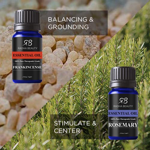 Radha Beauty Aceites esenciales de aromaterapia (juego y kit básico de muestras de regalo) lavanda, árbol de té, eucalipto, limoncillo, naranja, menta, incienso y romero 10 ml