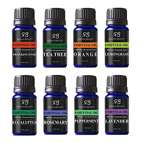 Radha Beauty Aceites esenciales de aromaterapia (juego y kit básico de muestras de regalo) lavanda, árbol de té, eucalipto, limoncillo, naranja, menta, incienso y romero 10 ml