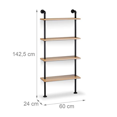 Relaxdays Estantería de Pared, Madera y Hierro, Negro, 24x60x142.5 cm