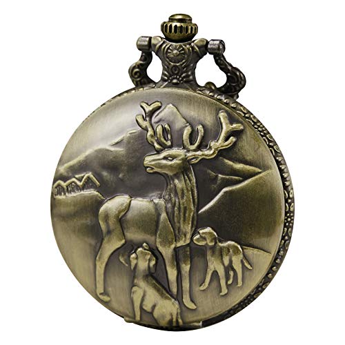 Reloj de bolsillo Morfong, unisex, de cuarzo, con diseño de ciervo, estilo vintage, color bronce con Chani y caja