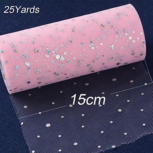 Rollo 22,5 Metro Cinta Tela Tul con Lentejuelas Tulle Ancho 15cm Decoración Hogar Boda Novia Fiesta Navidad Manualidades DIY Envolver Regalos Tutú Falda Rosa