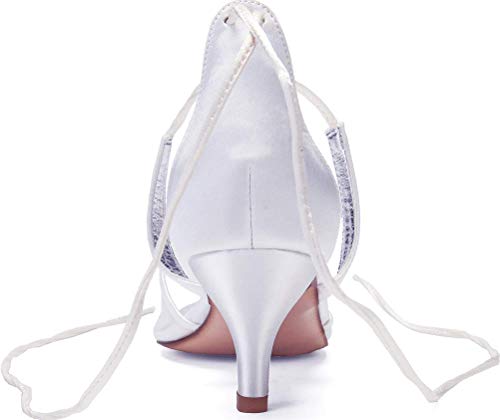 Sandalias de Mujer con tacón de Gatito y Punta Puntiaguda, para Boda, Fiesta, Novia, Trabajo, Correas al Tobillo, Color Blanco, Talla 37 1/3 EU