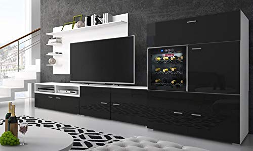 SelectionHome - Mueble salón Comedor con vinoteca, Acabado Blanco Mate y Negro Brillo Lacado, Medidas: 295 x 57/40 x 175 cm de Altura