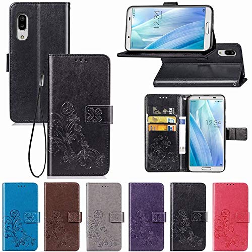 SHENGZHENHAOLIJJYPSH - Funda tipo cartera con tapa para tarjetas Aquos Sense 3, diseño de trébol de diamantes de imitación de color sólido (color: negro)