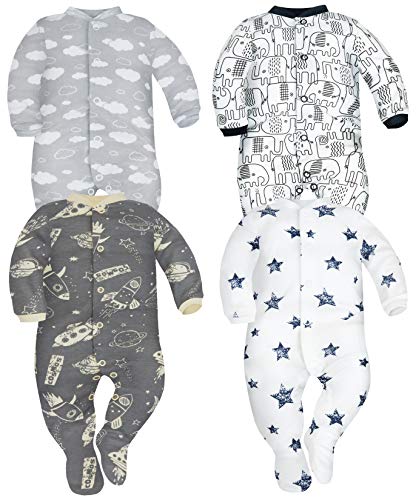 Sibinulo Nino Nina Pijama Bebé Pelele de Algodón Pack de 4 Nubes Cosmos Elefantes Negros y Estrellas 68(3-6 Meses)