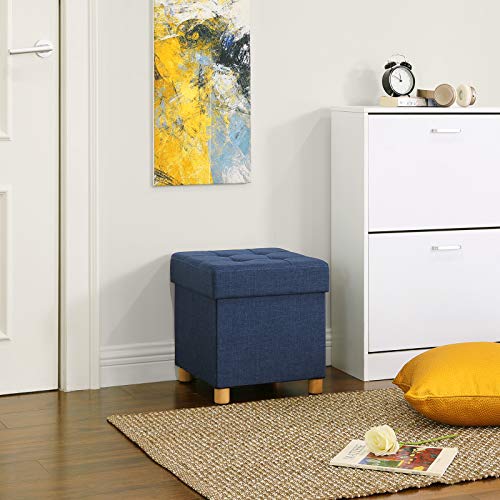 SONGMICS Banco Otomano de Almacenamiento, Asiento Plegable Acolchado, Cofre con Tapa, Patas de Madera Maciza, Ahorra espacio, Carga Máxima 300 kg, para Dormitorio y Pasillo, Azul Marino LSF14IN